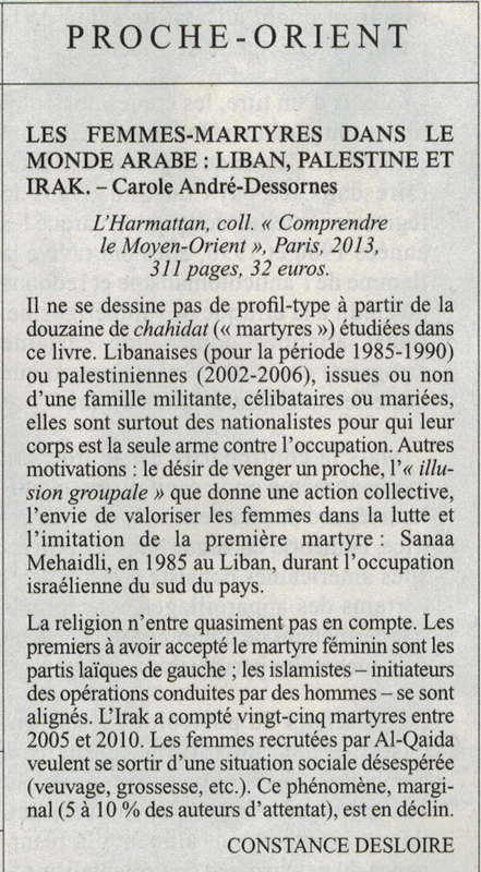 Le Monde diplomatique - Présentation du livre "Les femmes-martyres dans le monde arabe : Liban, Palestine et Irak"